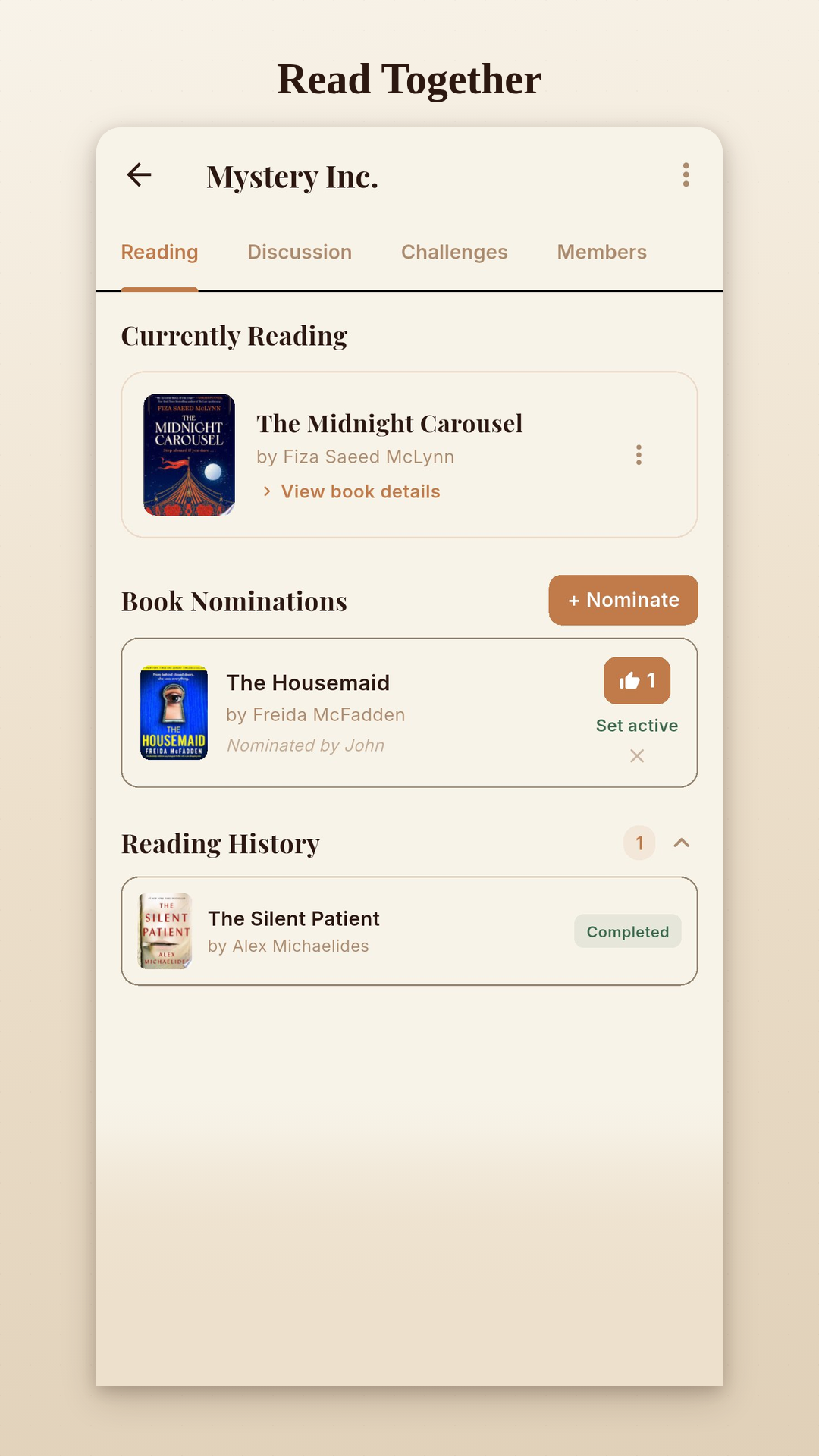 Book Clubs screen with active clubs